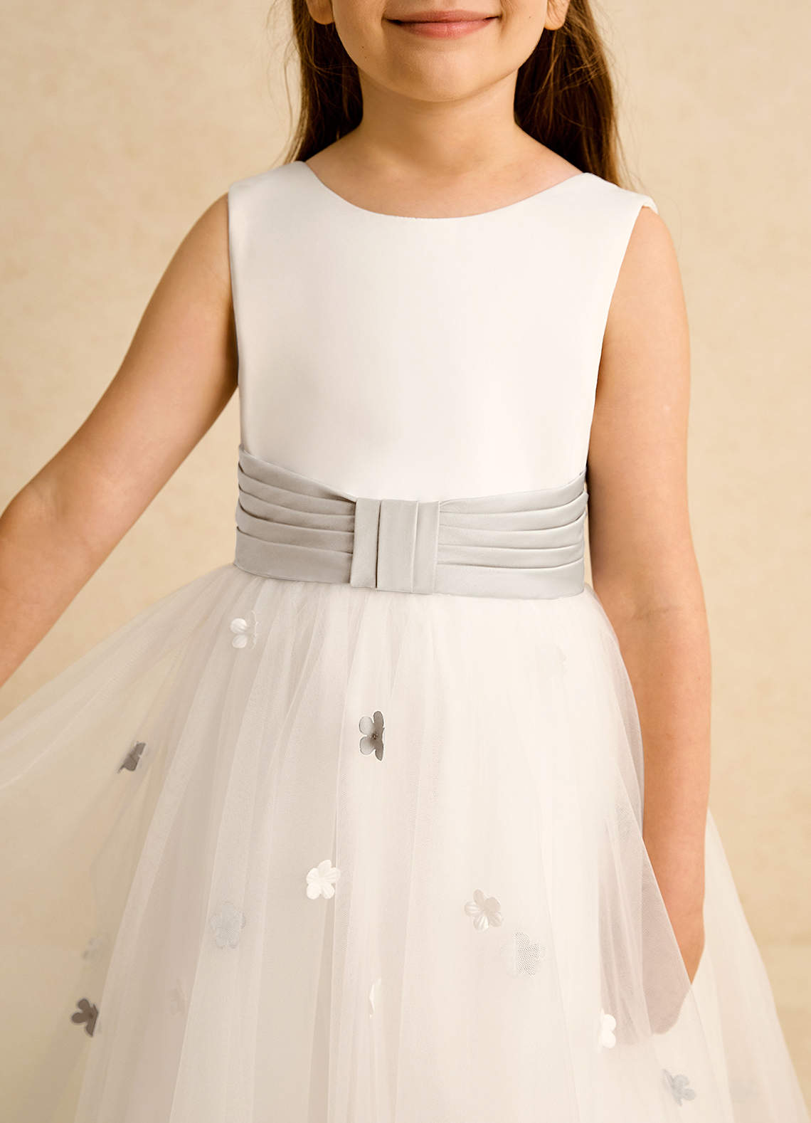 Azazie Cricket Flower Girl Dresses Ivory Frost Ball-Gown Pleated Matte Satin Dress image7