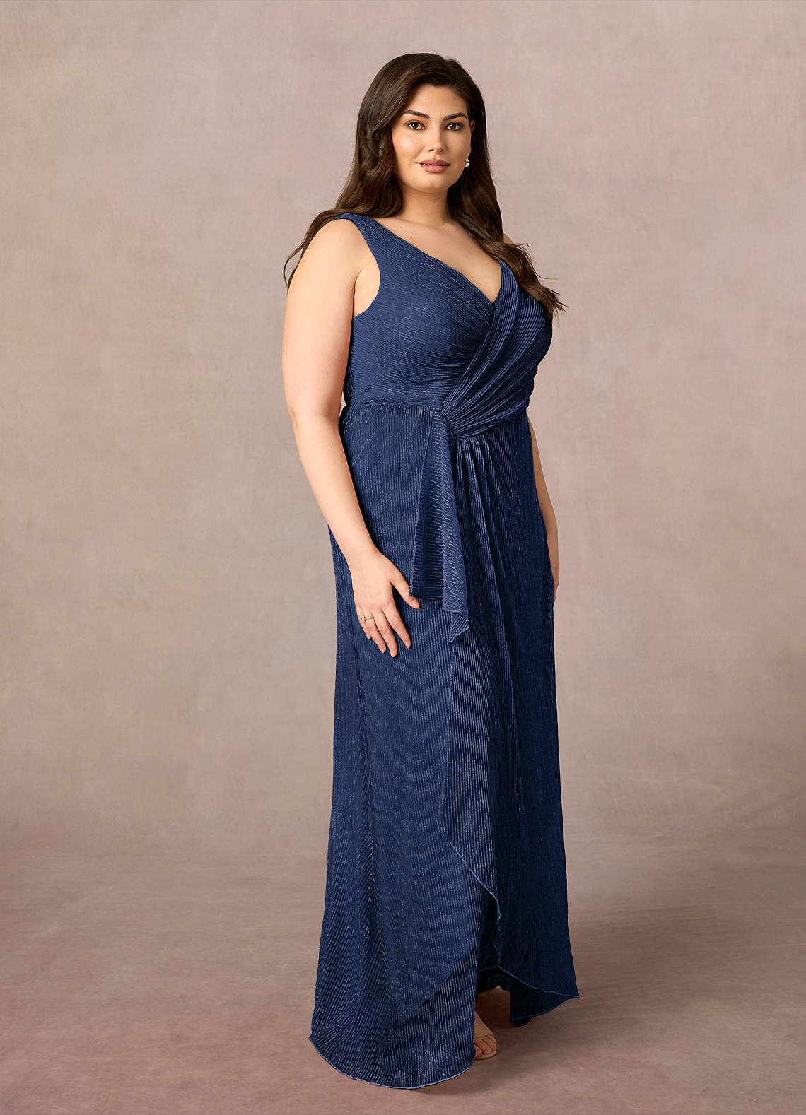 A-Line V-Neck Ruched Metallic Mesh Dress