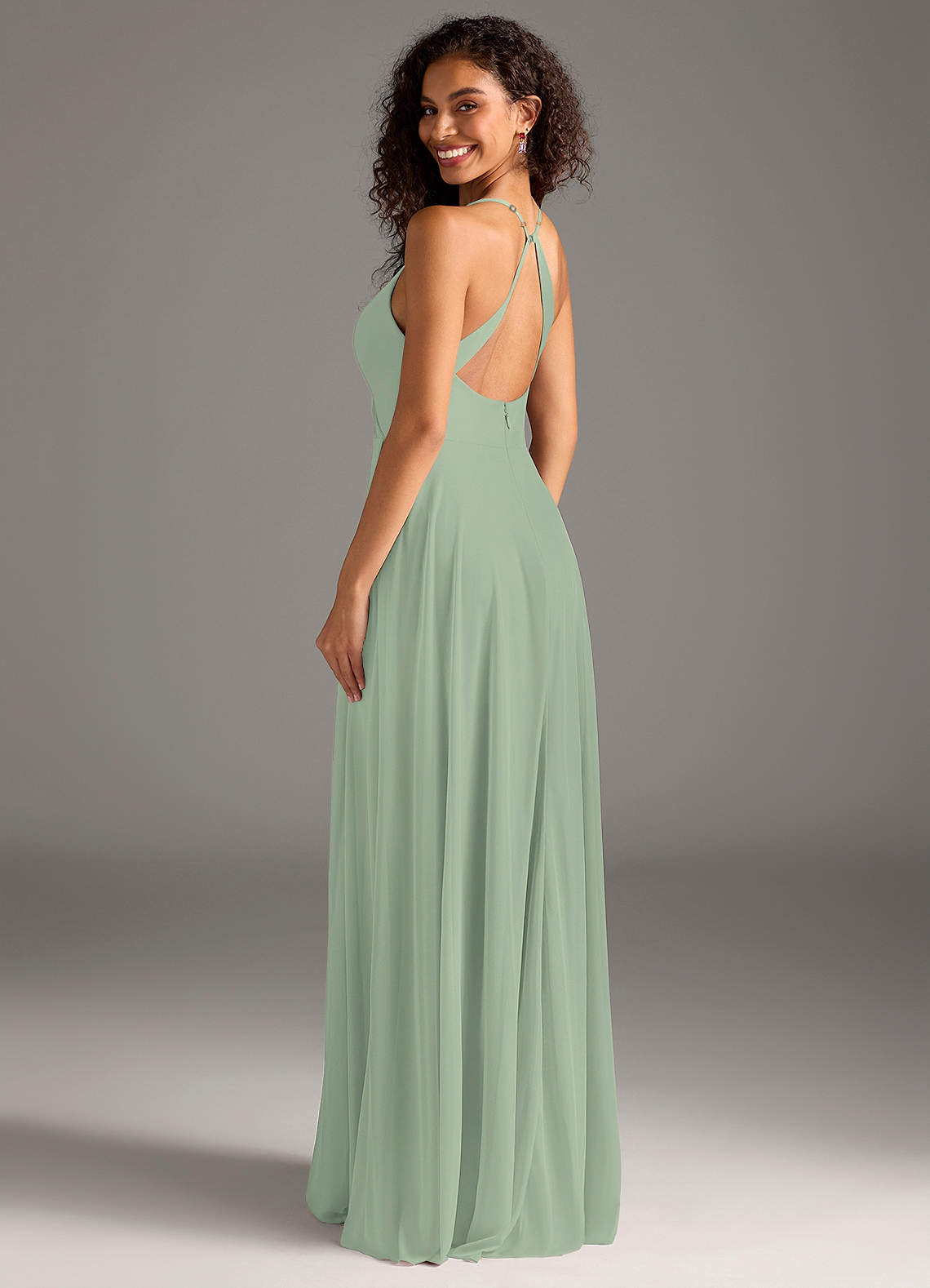 surplice mesh bridesmaid dress with peasant skirt As is High-Neck Mesh Bridesmaid Dress Full Skirt in Steel Blue