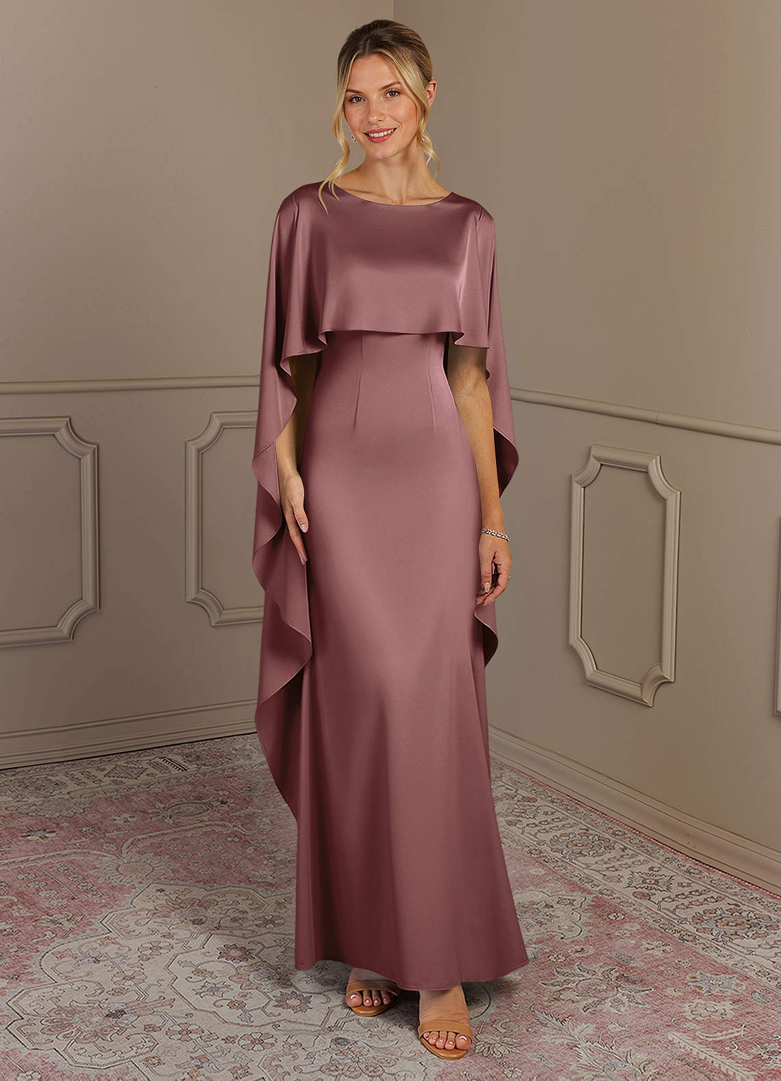 Azazie Eli Mother of the Bride Dresses Vintage Mauve Sheath Boatneck Stretch Satin Dress image1