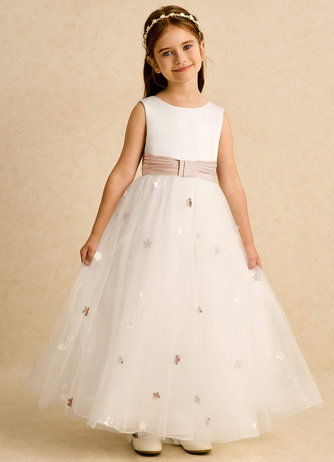 Azazie Cricket vestidos de niña de las flores Vestido de Marfil Rosa Inglesa de Satin Mate de Princesa con Plisado image1