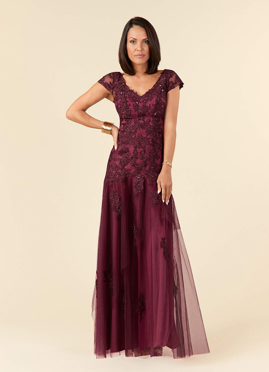 Azazie Romy Mother of the Bride Dresses Cabernet Mulberry Mermaid V-Neck Sequins Tulle Dress image1