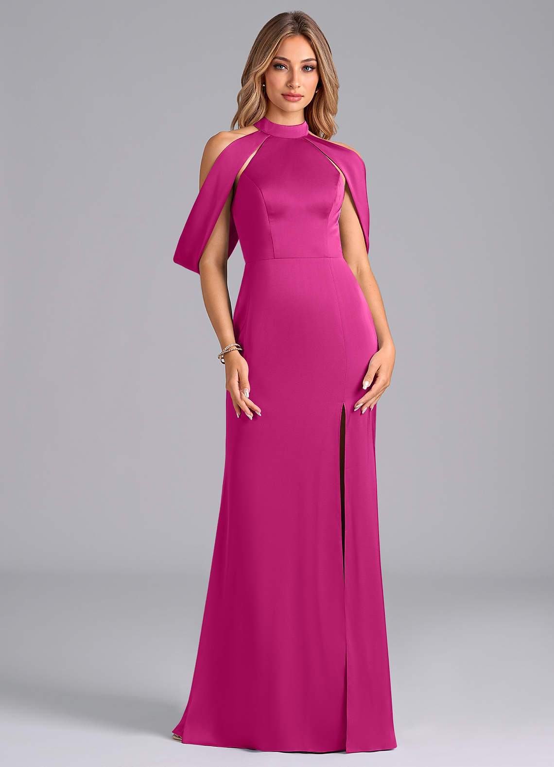 Azazie Bonny Bridesmaid Dresses Fuchsia Mermaid Off the Shoulder Stretch Satin Dress image1