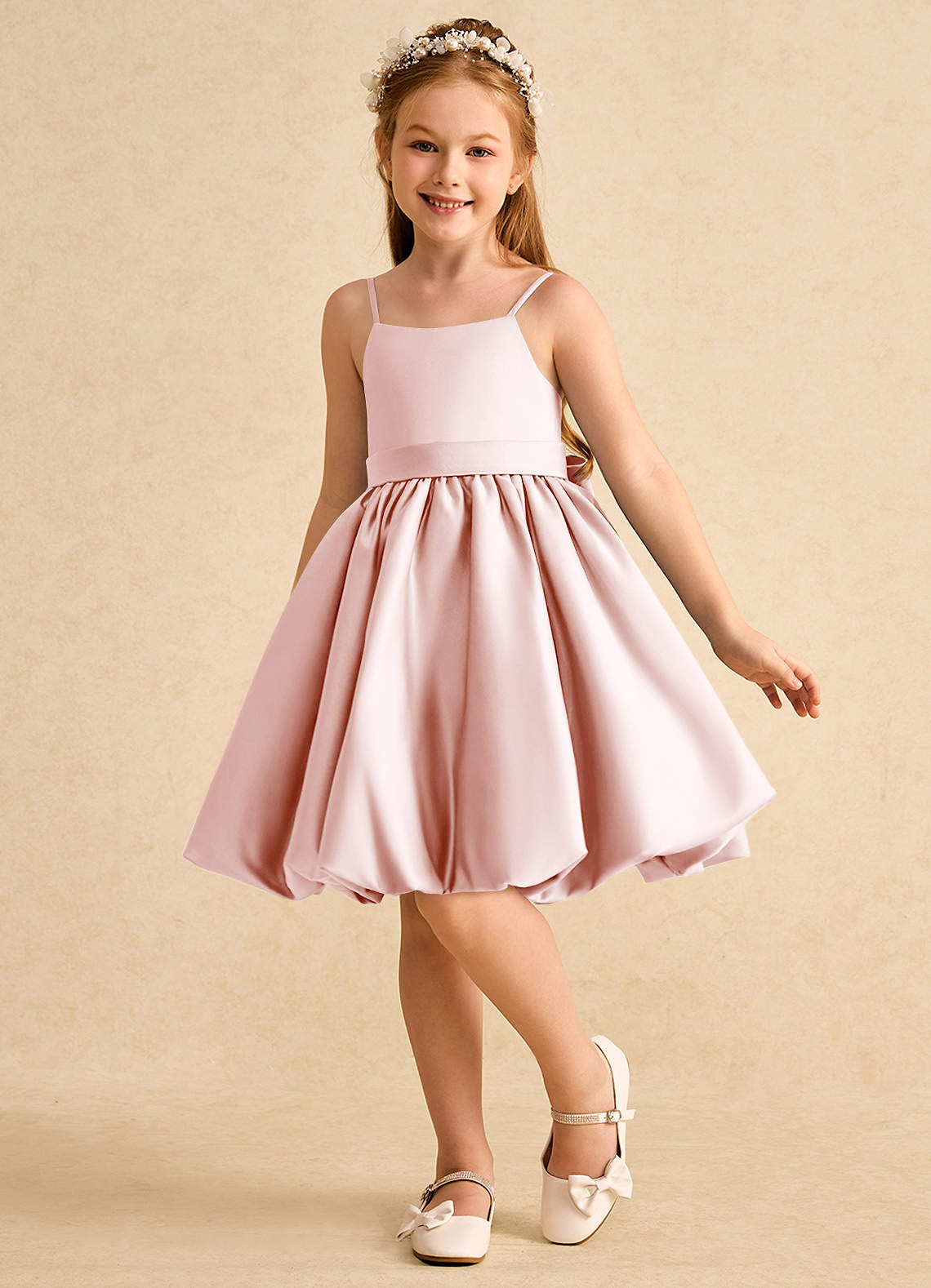 Azazie Davine vestidos de niña de las flores Vestido de Rosa Rubor de Satin Mate de Corte En A con Tirante Espagueti image4