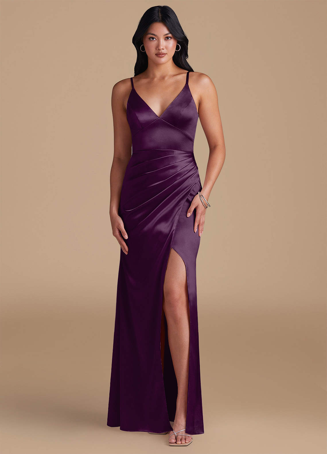 Azazie Shania Bridesmaid Dresses Plum Sheath Pleated Metallic Satin Dress image1