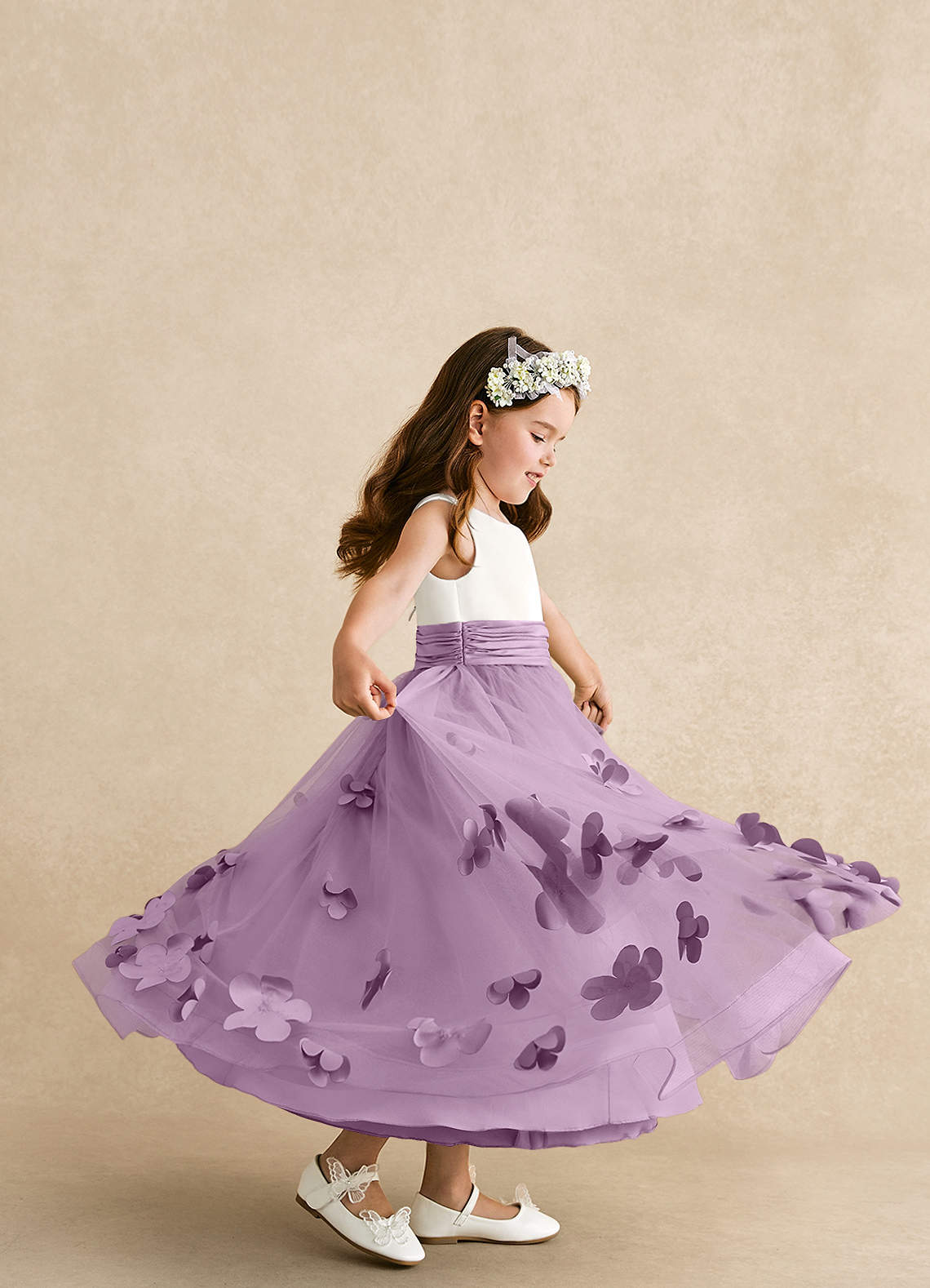 Azazie Vi Robe Demoiselle D'honneur Fillette Robe Trapèze en Tulle Sans manches Glycine image1