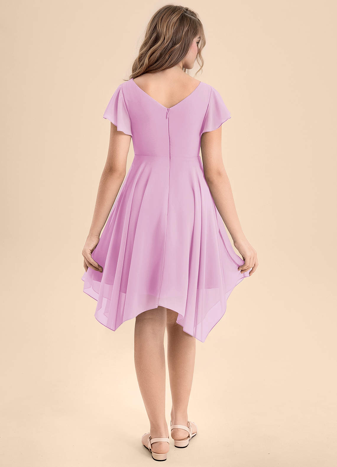 Azazie Janeaurelia Junior Vestido de Rosa Caramelo de Gasa de Corte En A con Plisado image1