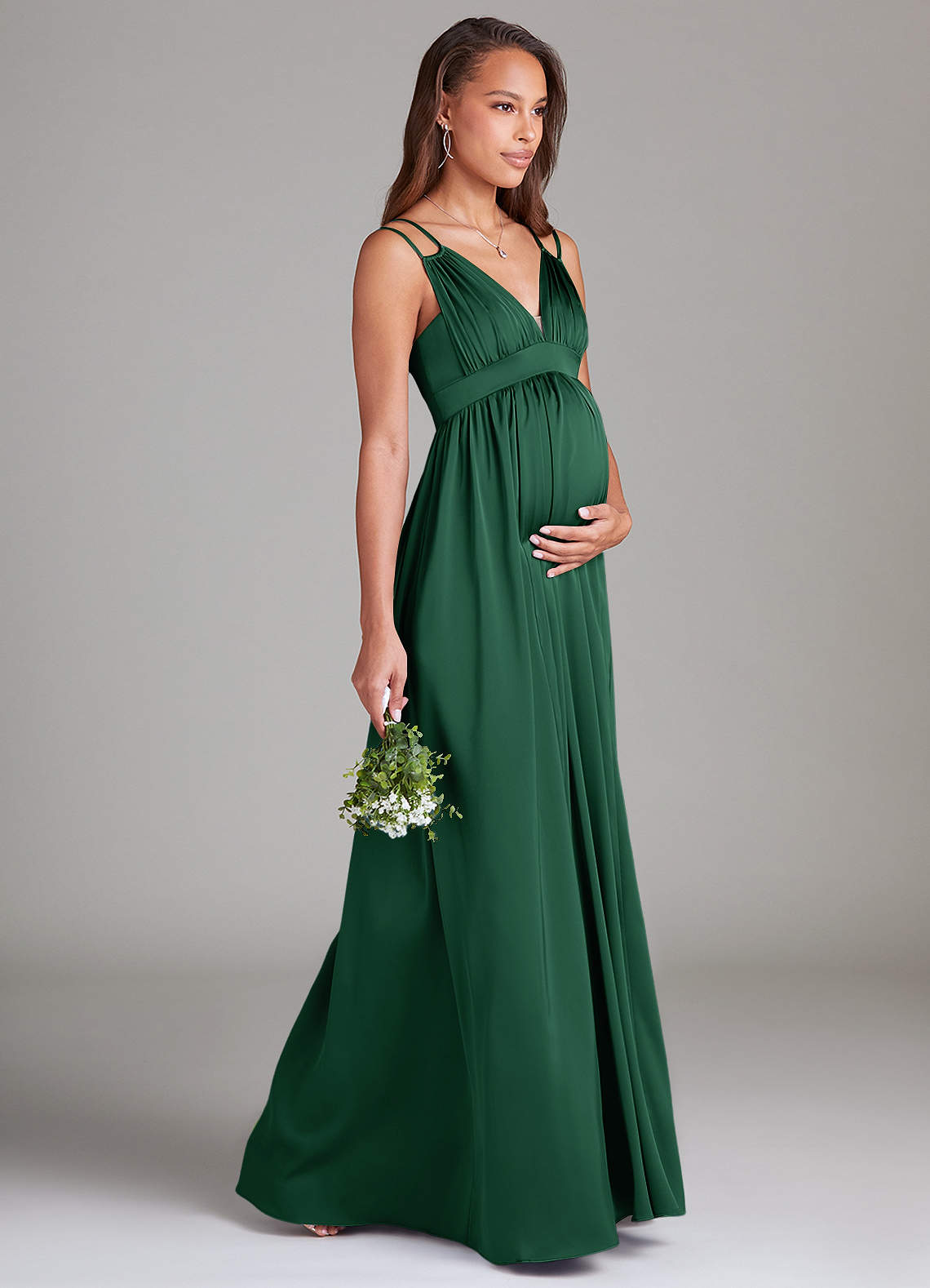 Azazie A-Line V-Neck Floor-Length Tulle Maternity Bridesmaid Dresses - Dark Green