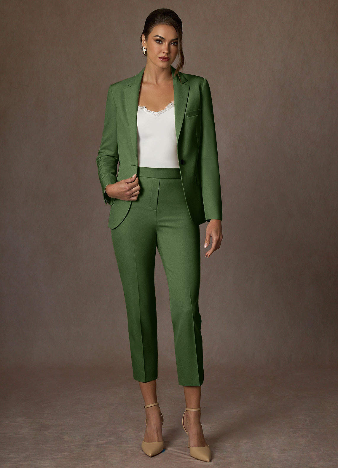 front Kennedy Olive Structured Stretch Pants Suit