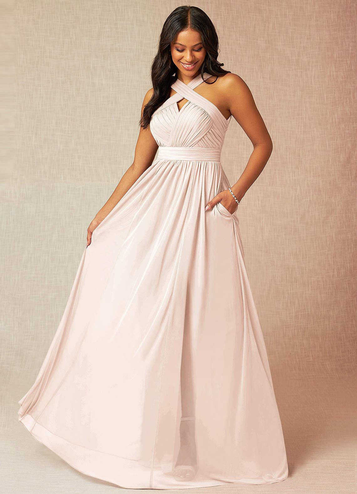 Azazie Hillian Bridesmaid Dresses Blushing Pink A-Line Halter Pleated Mesh Dress image1