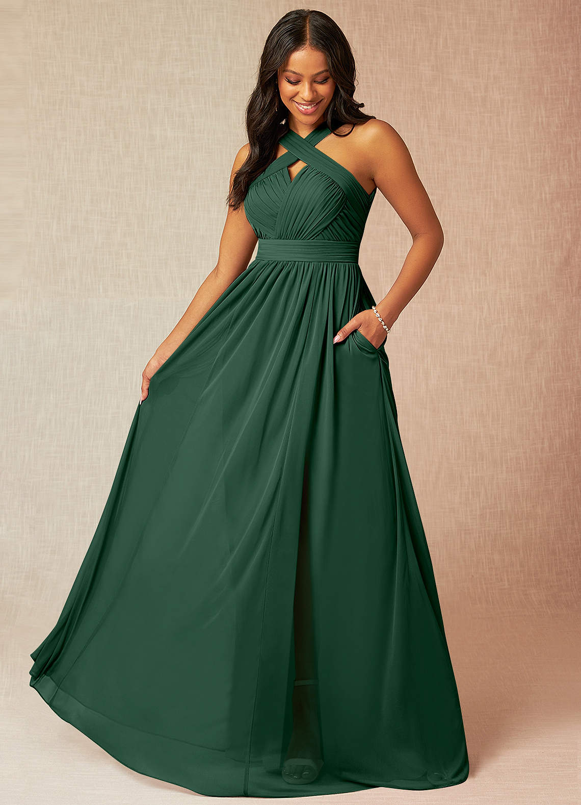 Azazie Hillian Bridesmaid Dresses Dark Green A-Line Halter Pleated Mesh Dress image1