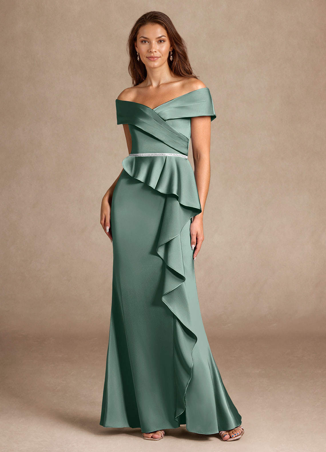 Azazie Dareia Mother of the Bride Dresses Eucalyptus Mermaid Off the Shoulder Stretch Satin Dress image5