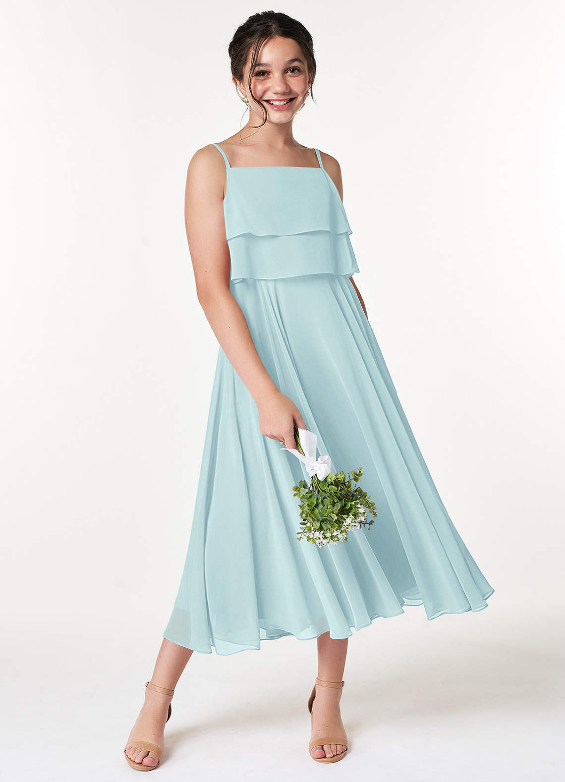 Azazie Ensley Junior Abito A-Line in Chiffon Plissettato Sea Glass image4