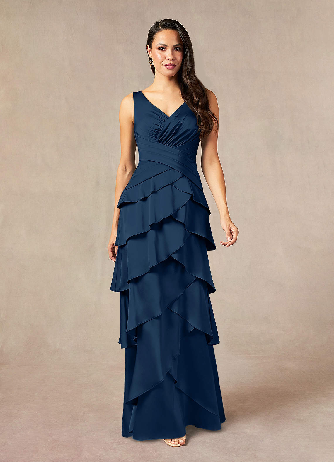 Azazie Viola Dark Navy A-Line Pleated Stretch Satin Dress | Azazie