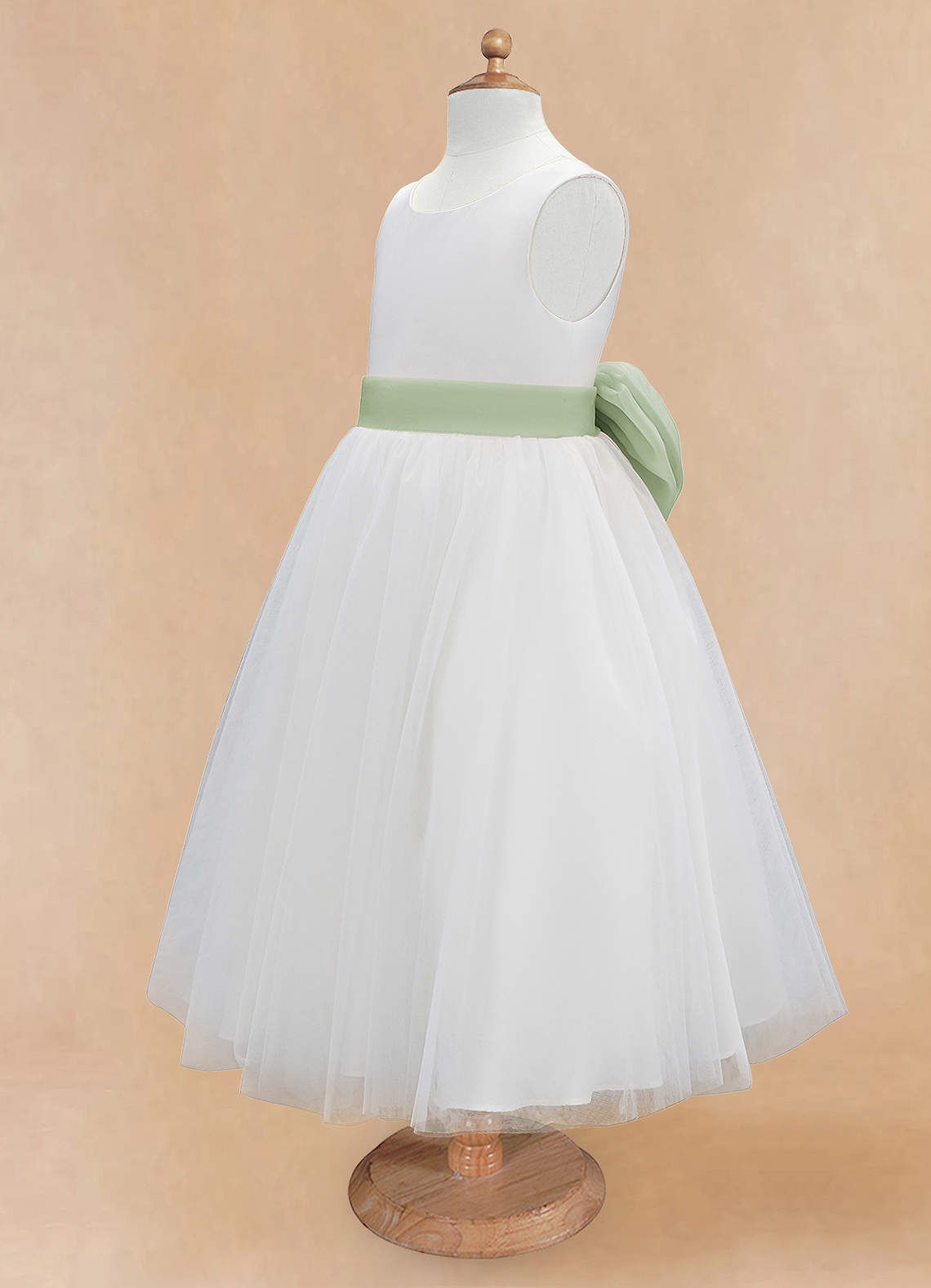 Azazie Kavi Flower Girl Dresses Ivory Dusty Sage A-Line Bow Matte Satin Dress image8