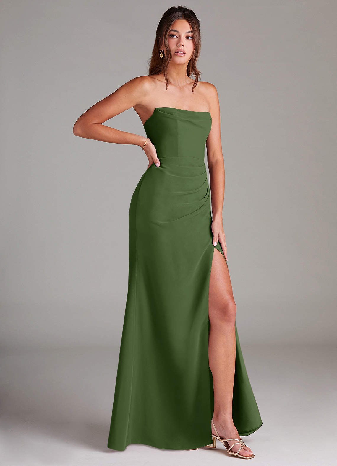 Azazie Leonis Vestidos de madrinha de casamento Vestir Oliva de Chiffon de Bainha com Sem alças image7