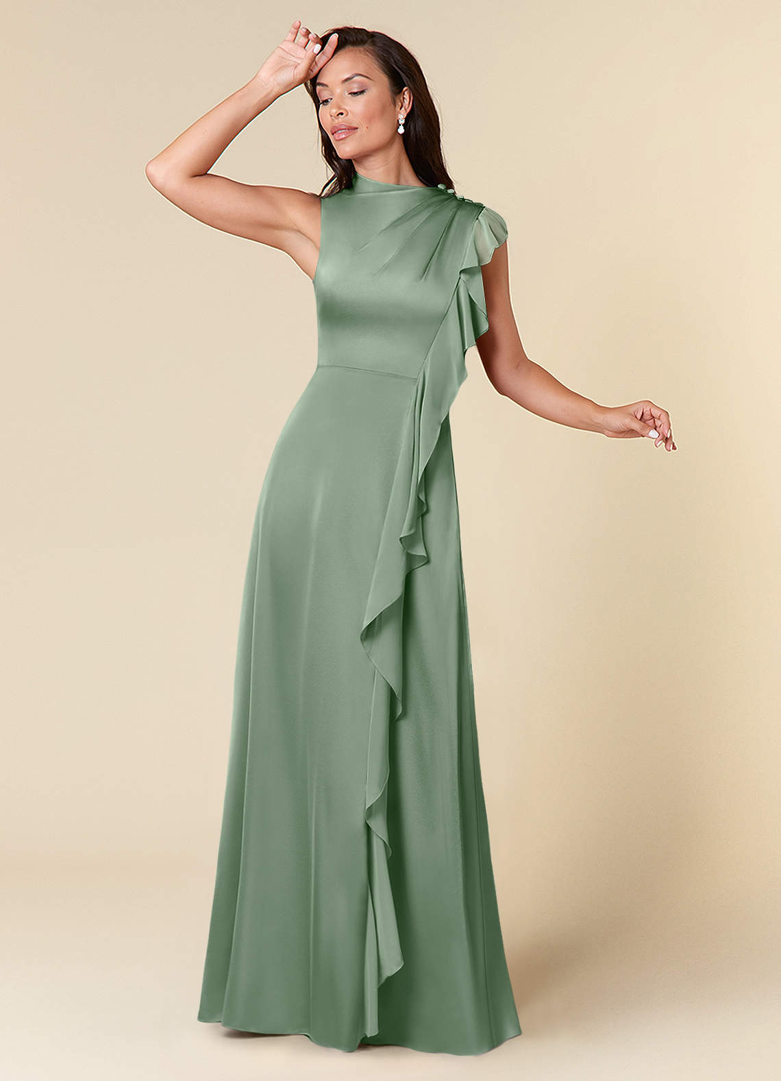 Azazie Narine Mother of the Bride Dresses Matcha A-Line High Neckline Pleated Stretch Satin Dress image1