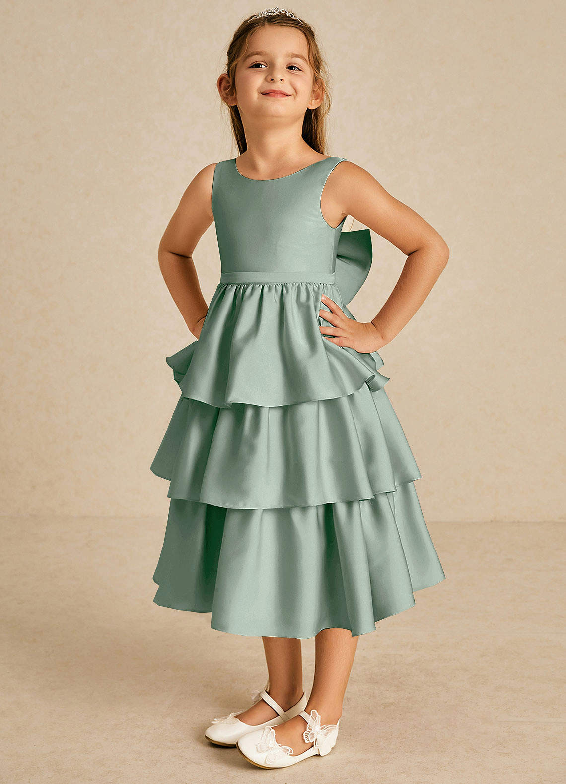 Azazie Margery Flower Girl Dresses Agave A-Line Bow Stretch Satin Dress image2