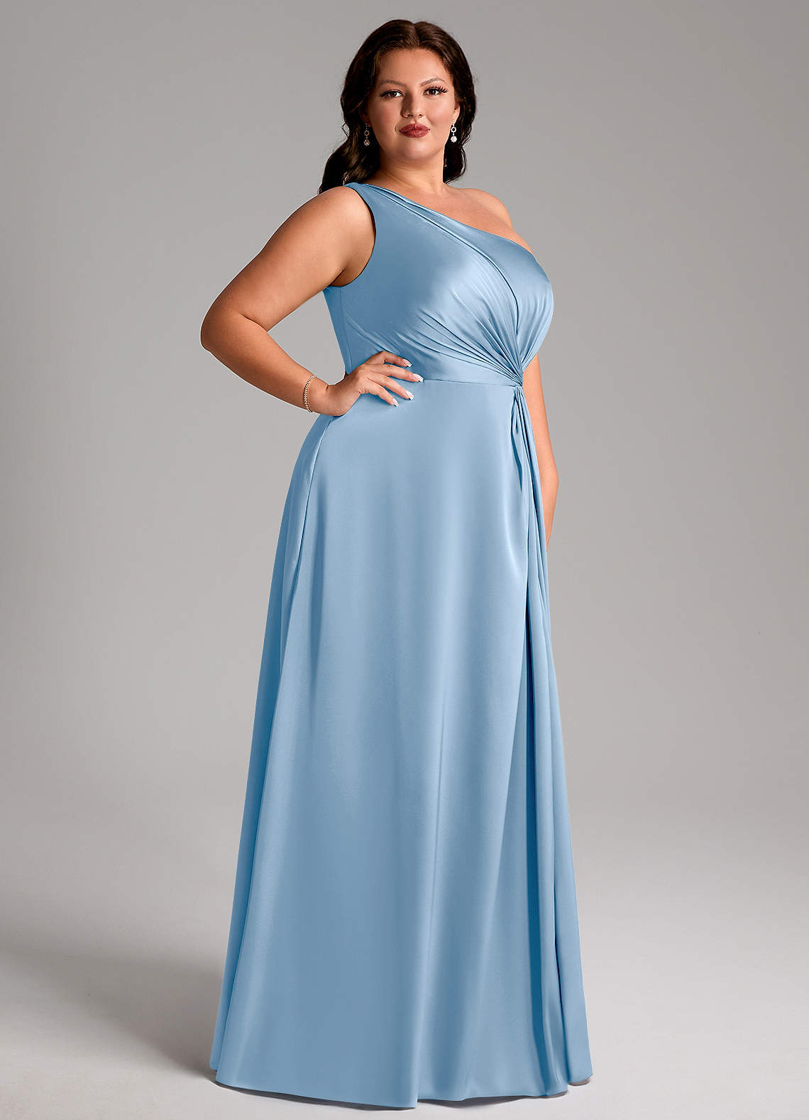 Azazie Brooke Bridesmaid Dresses Powder Blue A-Line One Shoulder Stretch Satin Dress image10