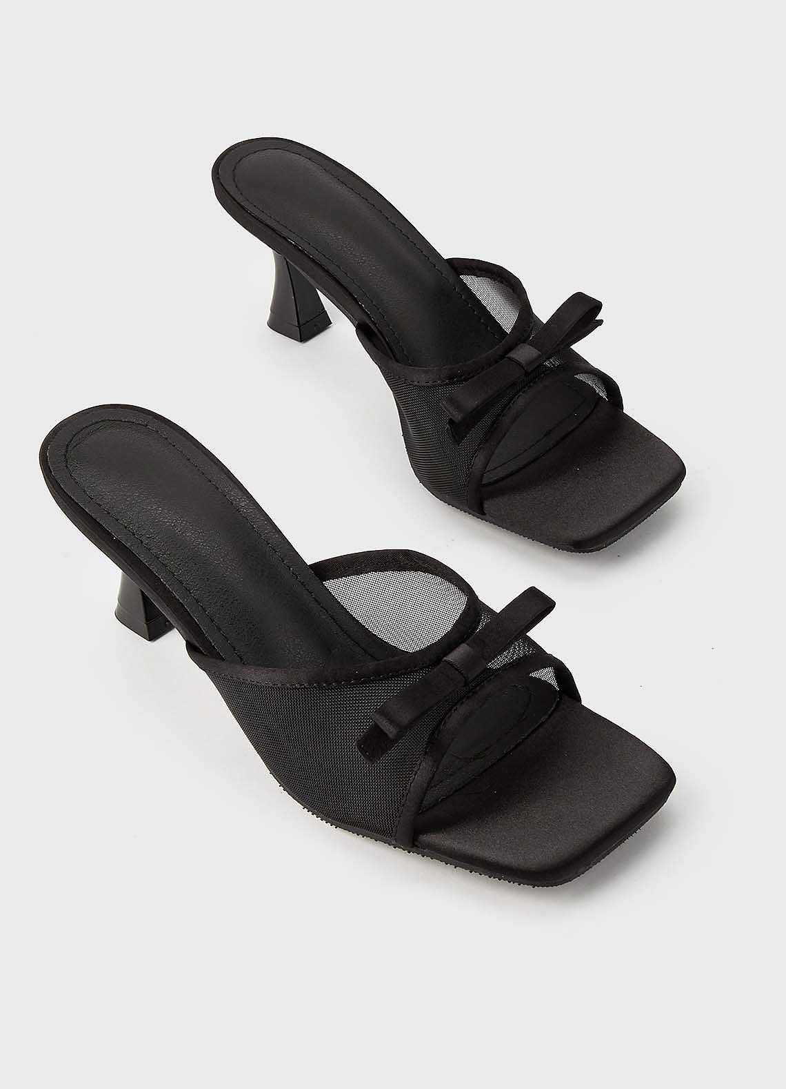 front Mesh Bow Kitten Heel Mules