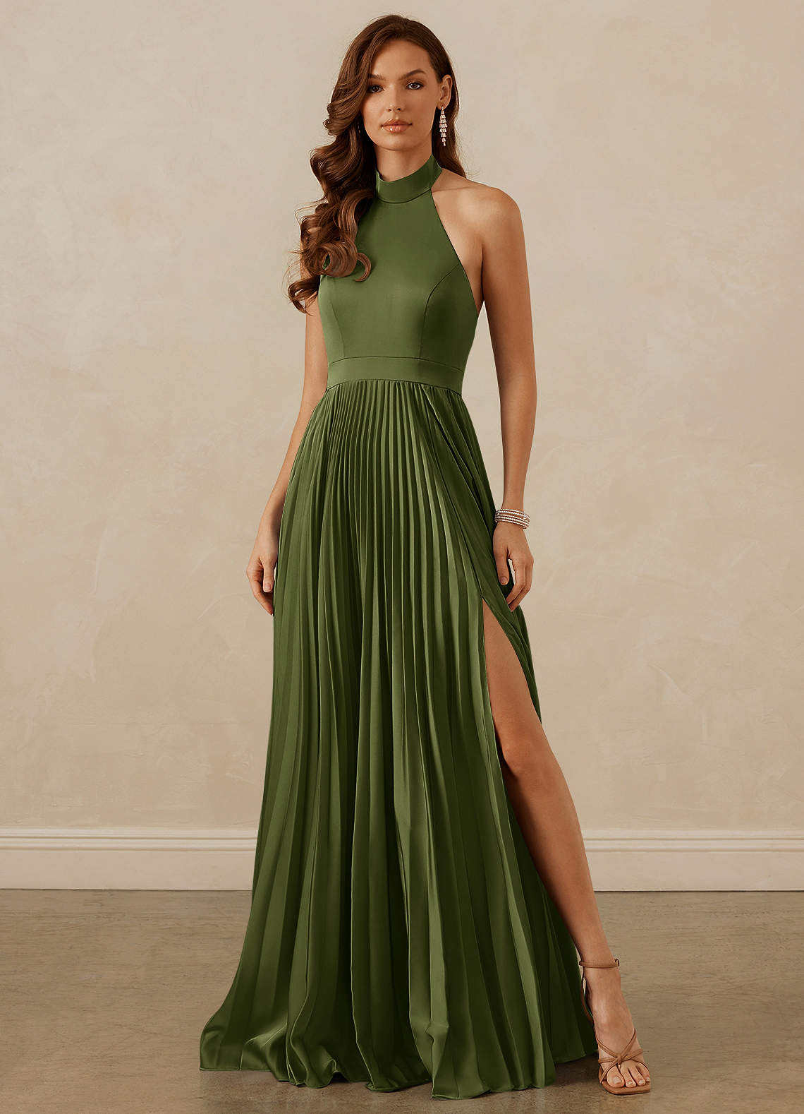 Christian Siriano Bridal for Azazie 1007 Bridesmaid Dresses Olive A-Line Pleated Stretch Satin Dress image1