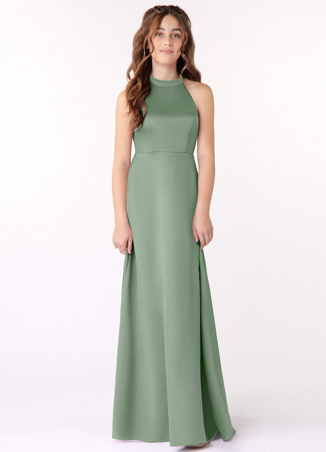 Azazie Laurel Junior Matcha A-Line Stretch Satin Dress image1