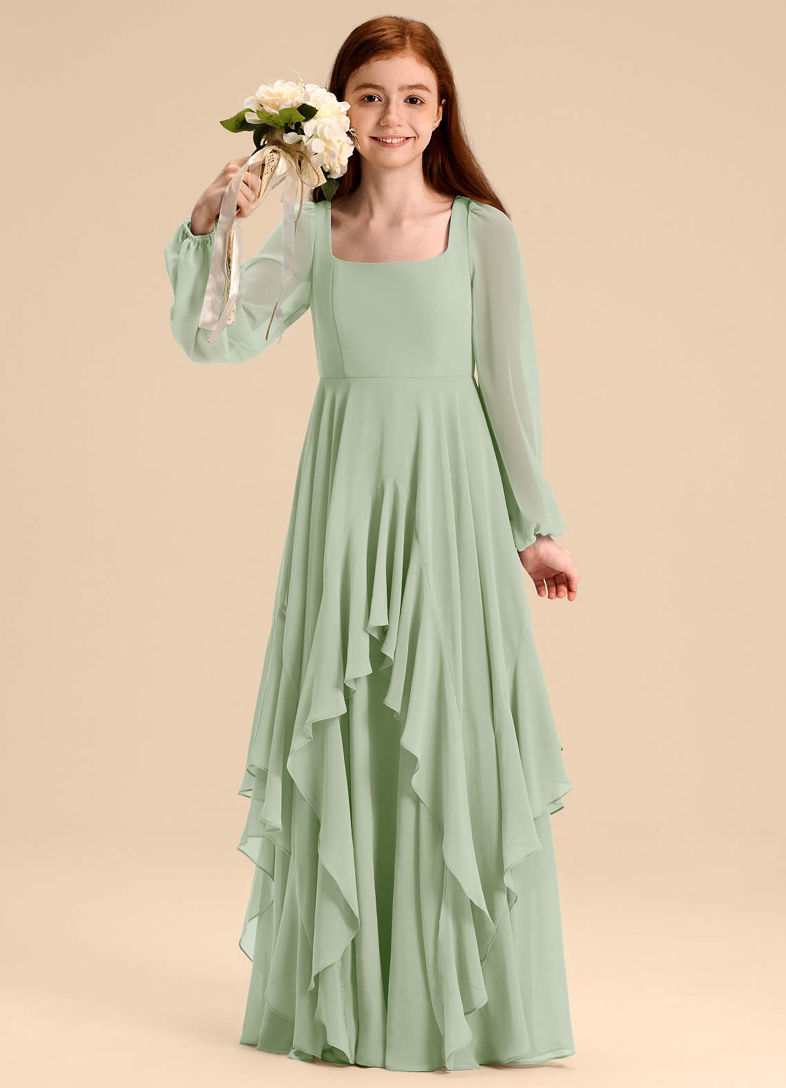 Azazie Clara Junior Abito A-Line in Chiffon Blusa Verde Salvia image1