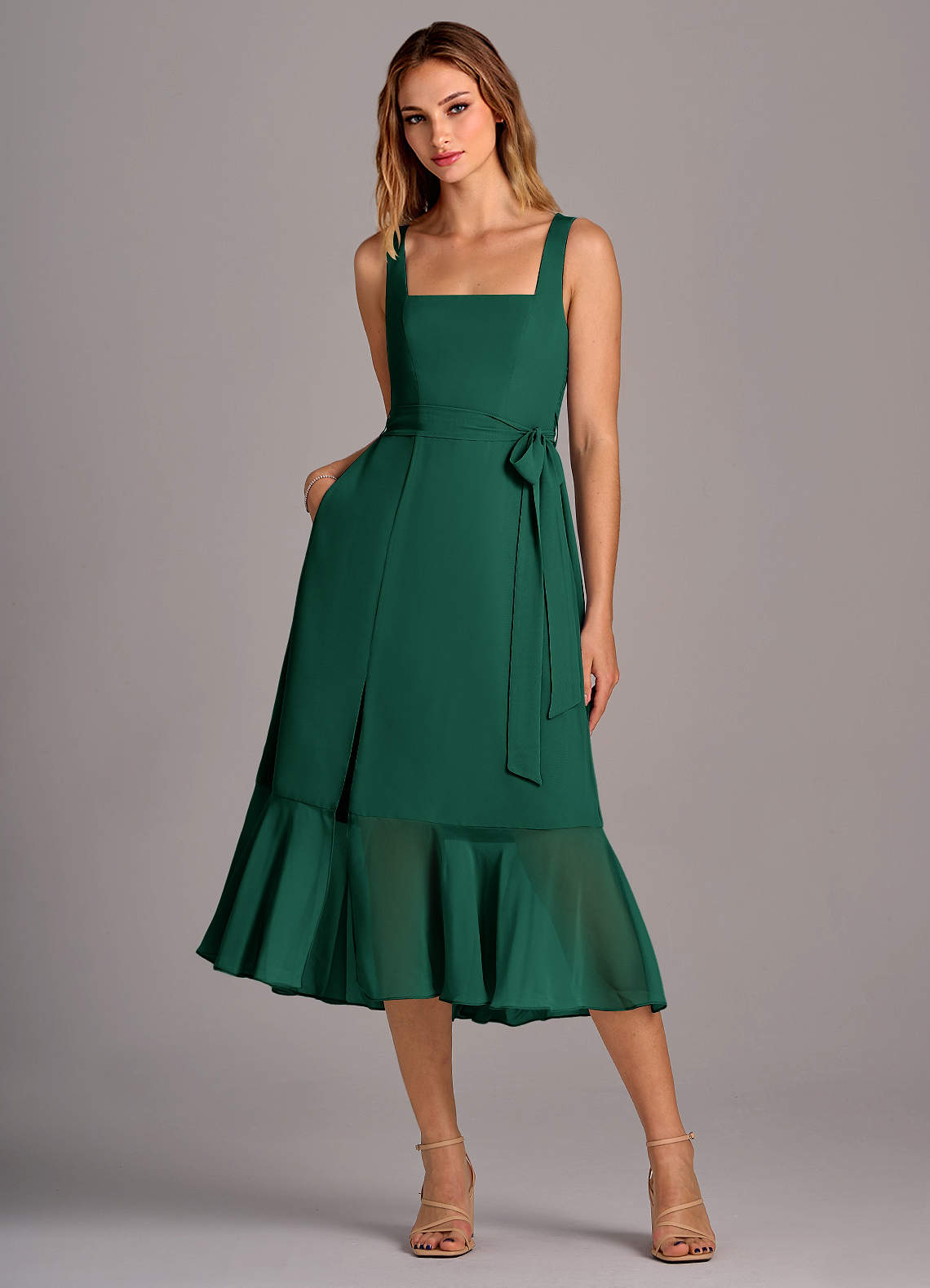 Azazie Deb Brautjungfernkleider Wandelbar A-Linie mit Taschen Chiffon Kleid Smaragd image1
