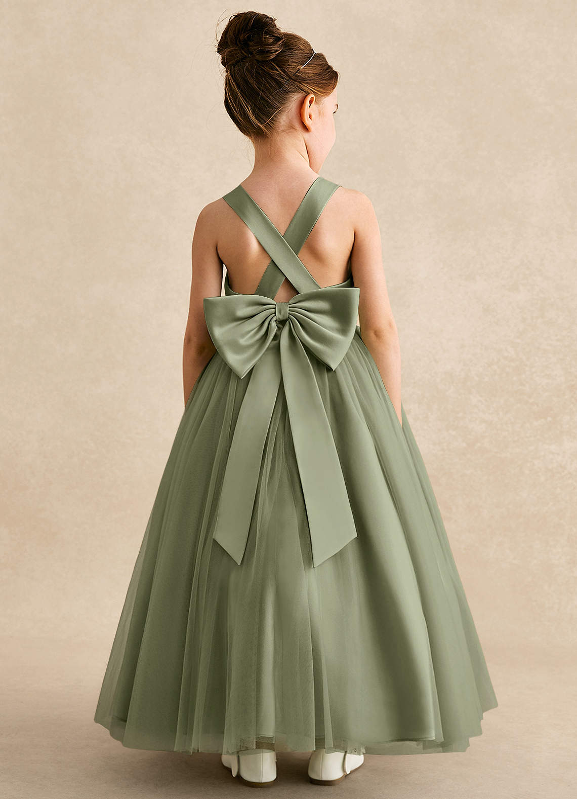 Azazie Peanut Flower Girl Dresses Pistachio A-Line Strap Tulle Dress image1