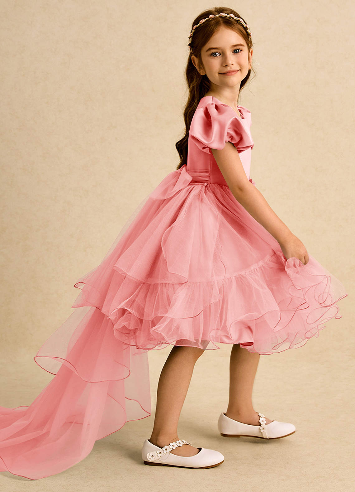 Azazie Cocoa vestidos de niña de las flores Vestido de Coral de Tul de Princesa con Plisado image1