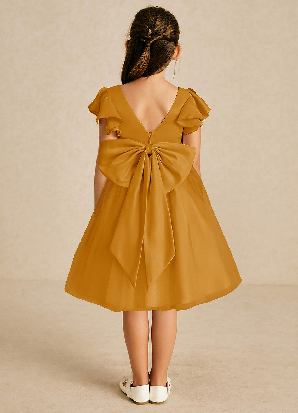 Azazie Kaeya Flower Girl Dresses Butterscotch A-Line Bow Tulle Dress image1