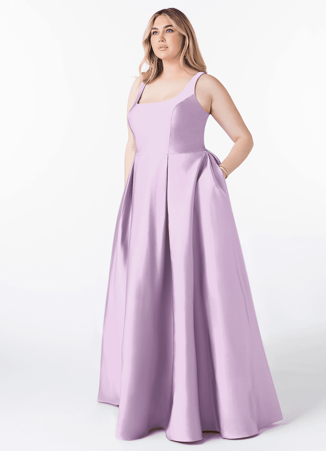 Azazie Neve Bridesmaid Dresses Frosted Lilac Ball-Gown with Pockets Stretch Satin Dress image1
