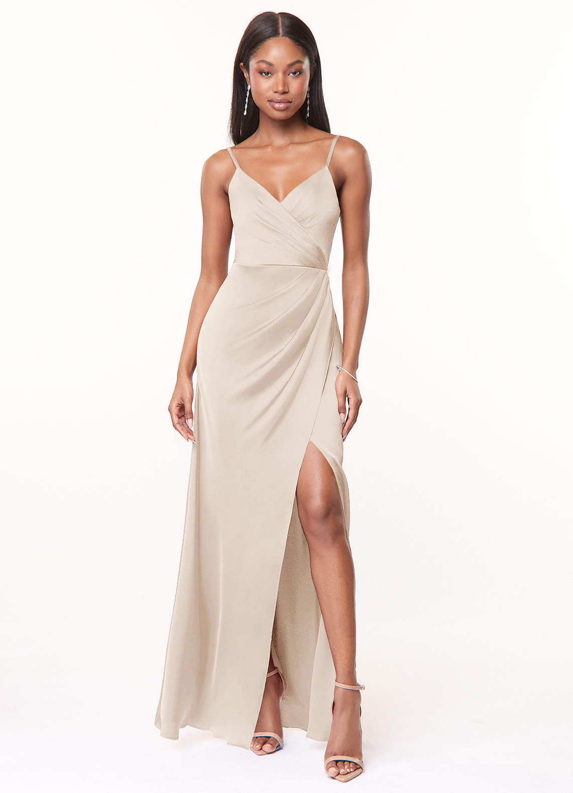 Azazie Maci Bridesmaid Dresses White Alabaster A-Line V-Neck Pleated Stretch Satin Dress image1