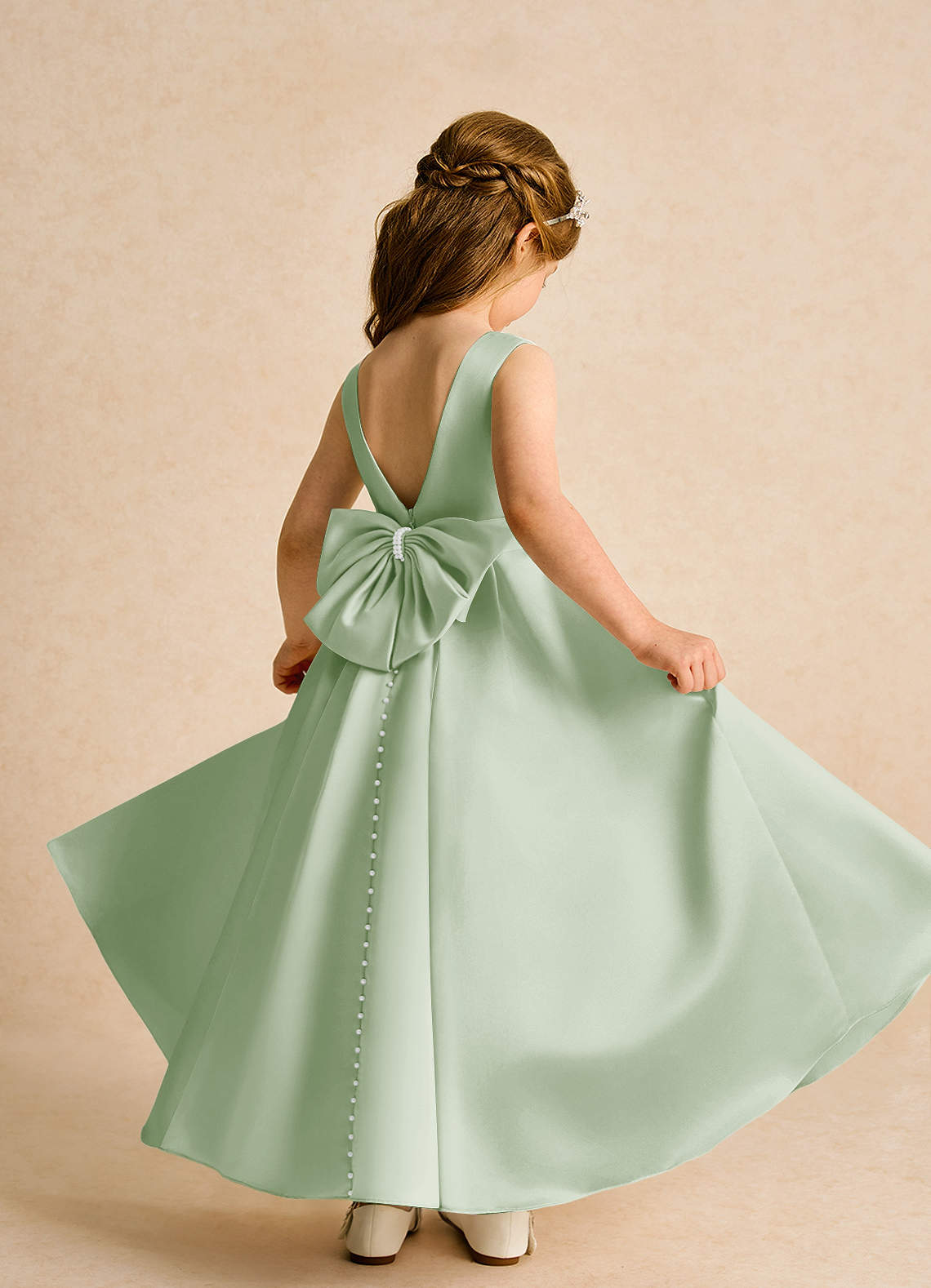 Azazie Cherry Flower Girl Dresses Dusty Sage Dusty Sage Ball-Gown Pleated Matte Satin Dress image3