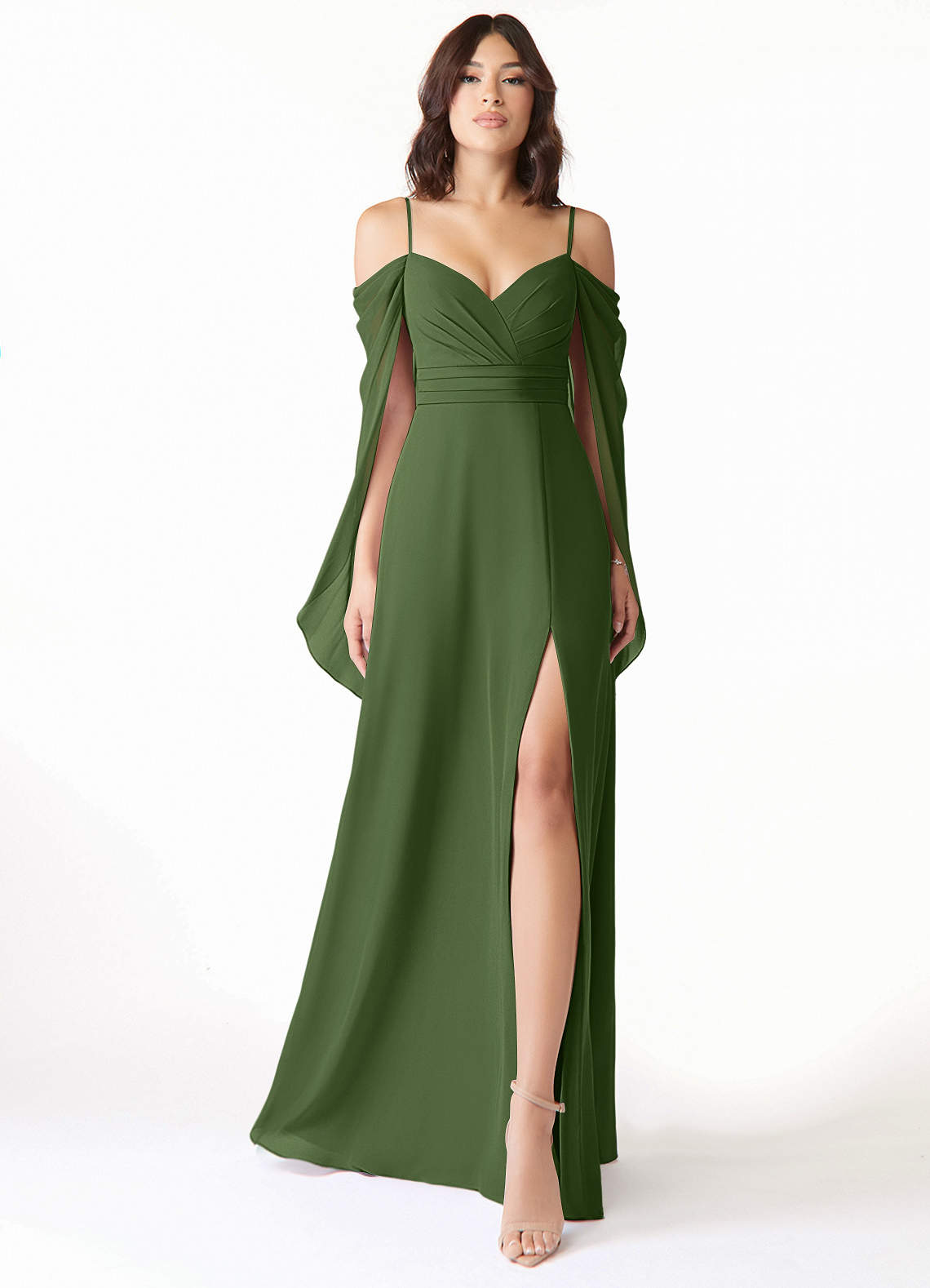 Azazie Cienna Jurken voor bruidsmeisjes Jurk van Chiffon met A-Lijn Off the Shoulder Olijf image1
