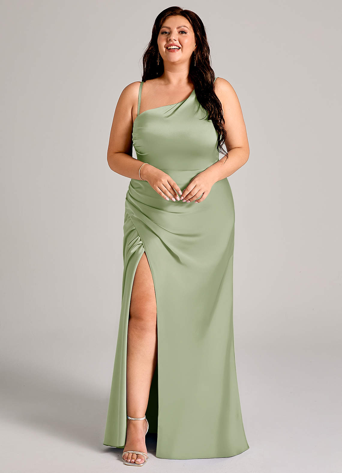 Azazie Madelyn Bridesmaid Dresses Dusty Sage Mermaid One Shoulder Stretch Satin Convertible Dress image14