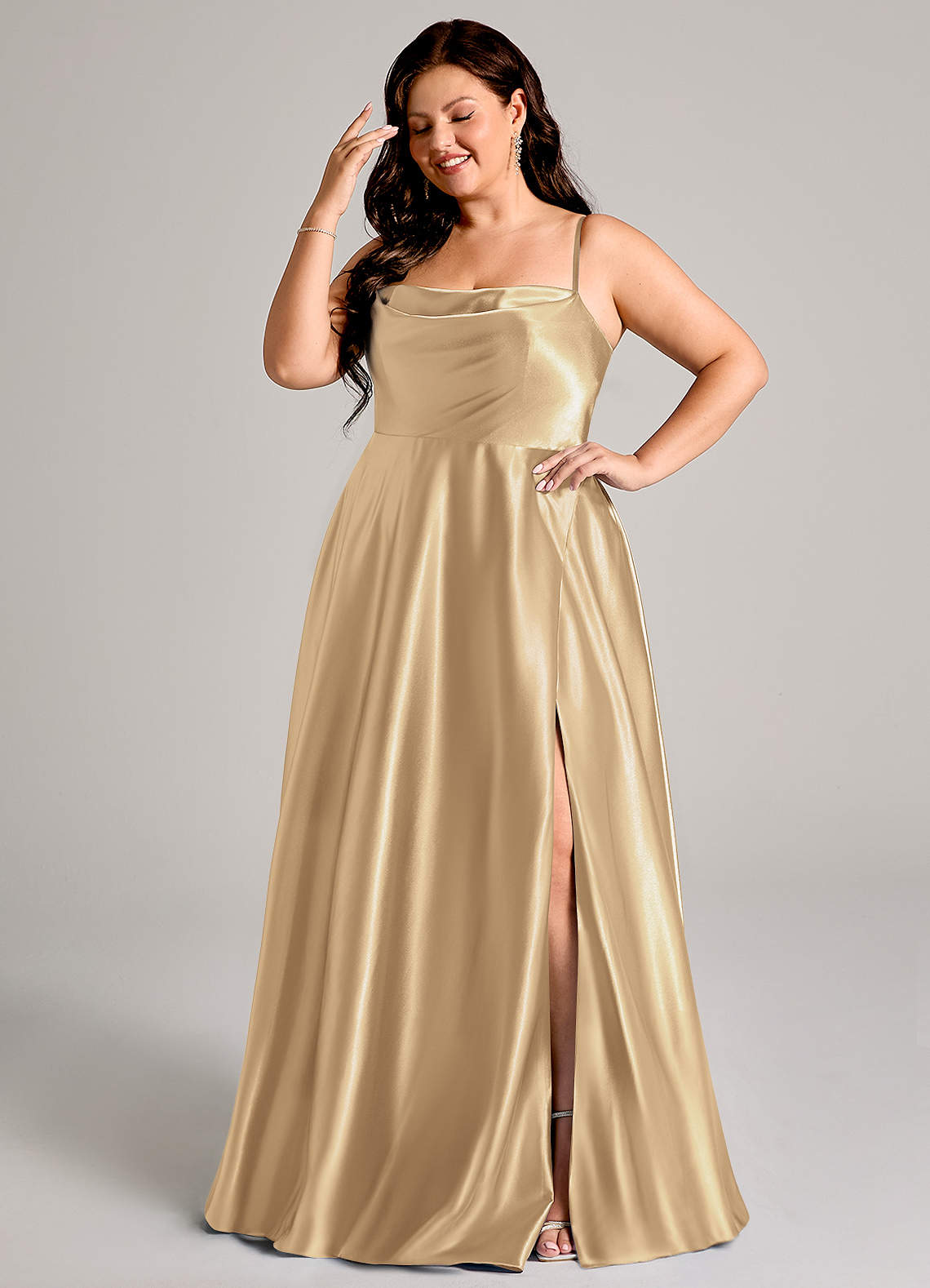 Azazie Elle Champagne Metallic Satin Bridesmaid Dresses | Azazie AU
