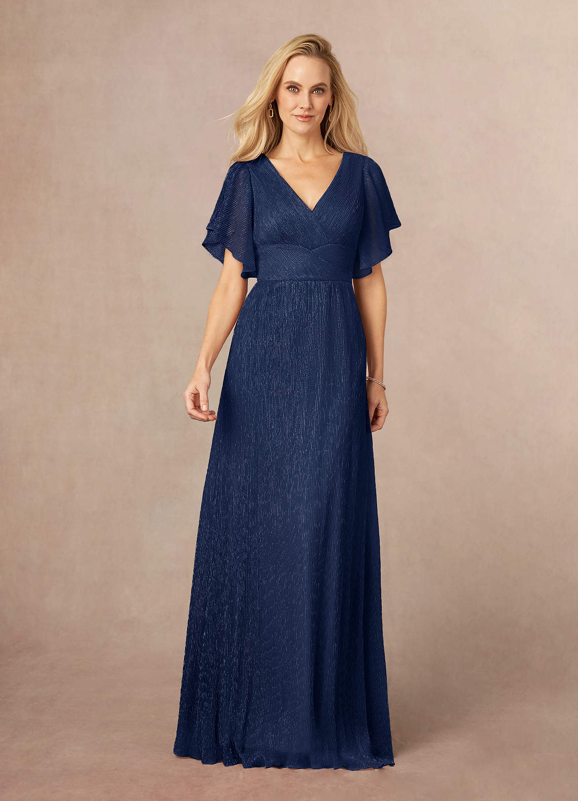 Azazie Kathryn Mother of the Bride Dresses Dark Navy A-Line V-Neck Flutter Sleeve Metallic Mesh Dress image1