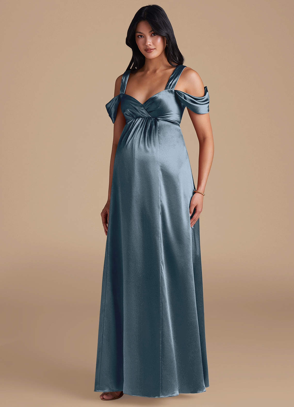 Azazie Rhea Brautjungfernkleider für Schwangere A-Linie Plissee Metallischer Satin Bodenlänge Kleid image1