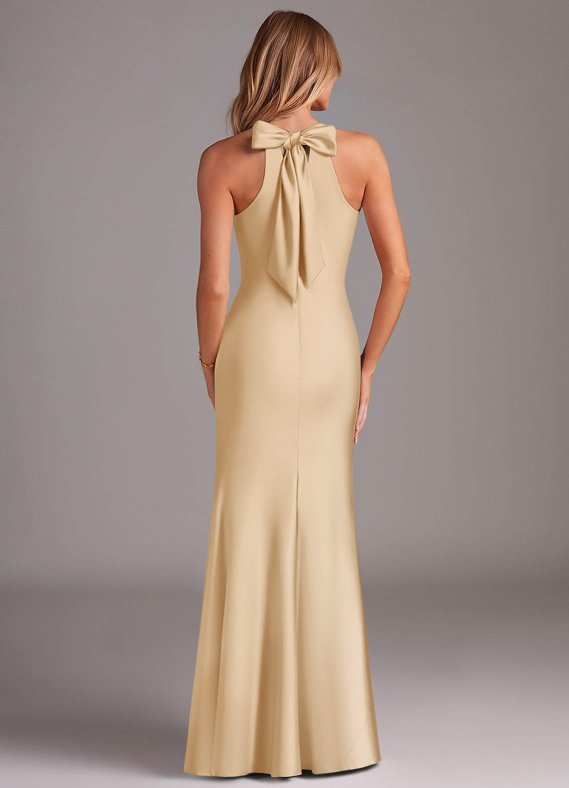 Azazie Doretta Bridesmaid Dresses Gold Mermaid Pleated Stretch Satin Dress image1