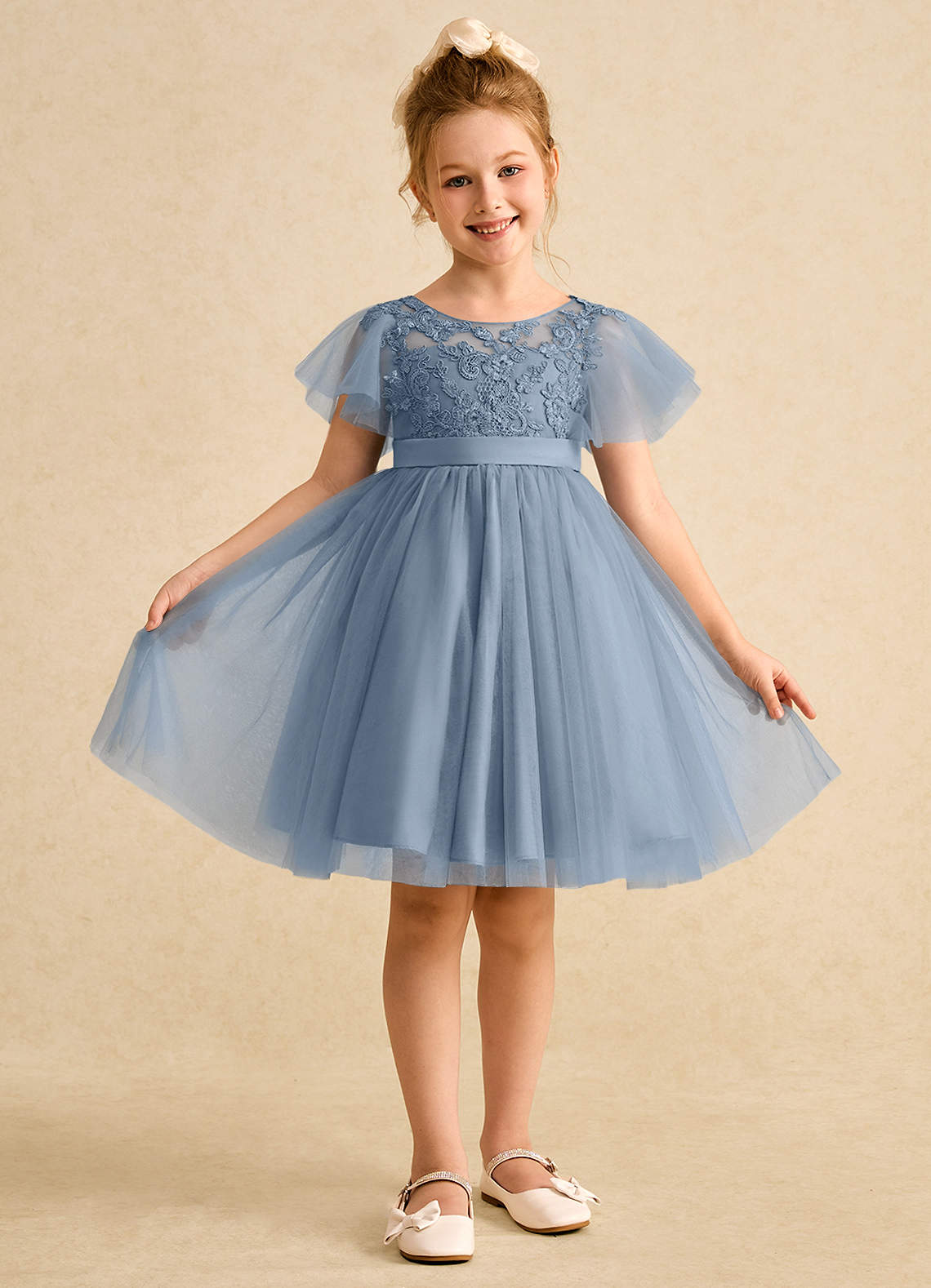 Azazie Queenie Flower Girl Dresses Dusty Blue A-Line Lace Dress image1