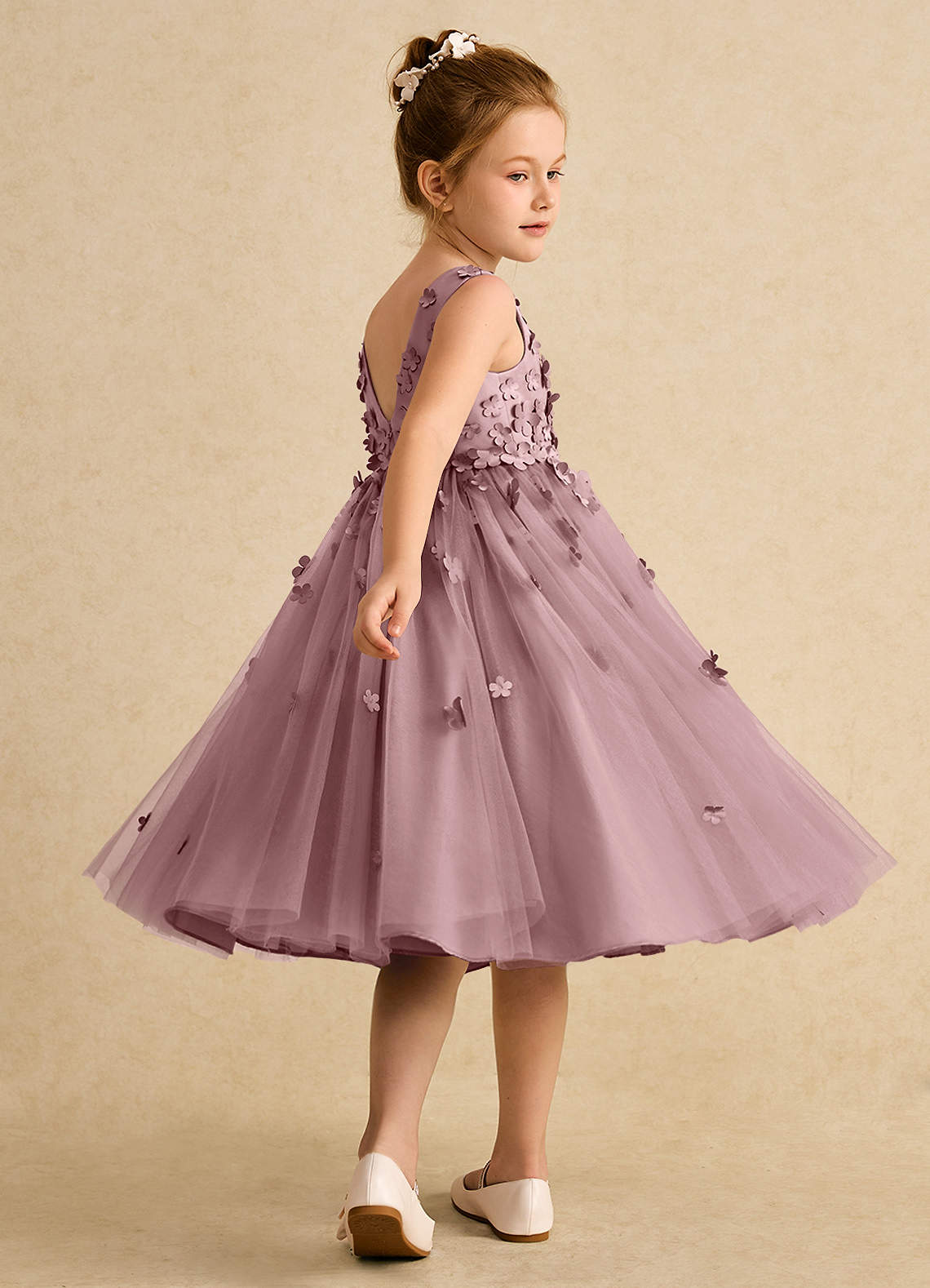 Azazie Lana Blumenmädchenkleider A-Linie ärmellos Matte Satin Kleid Altrosa image3
