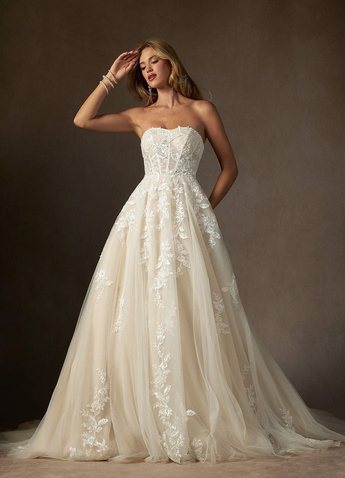 Azazie Keri Diamond White Champagne Ball-Gown Strapless Lace Dress