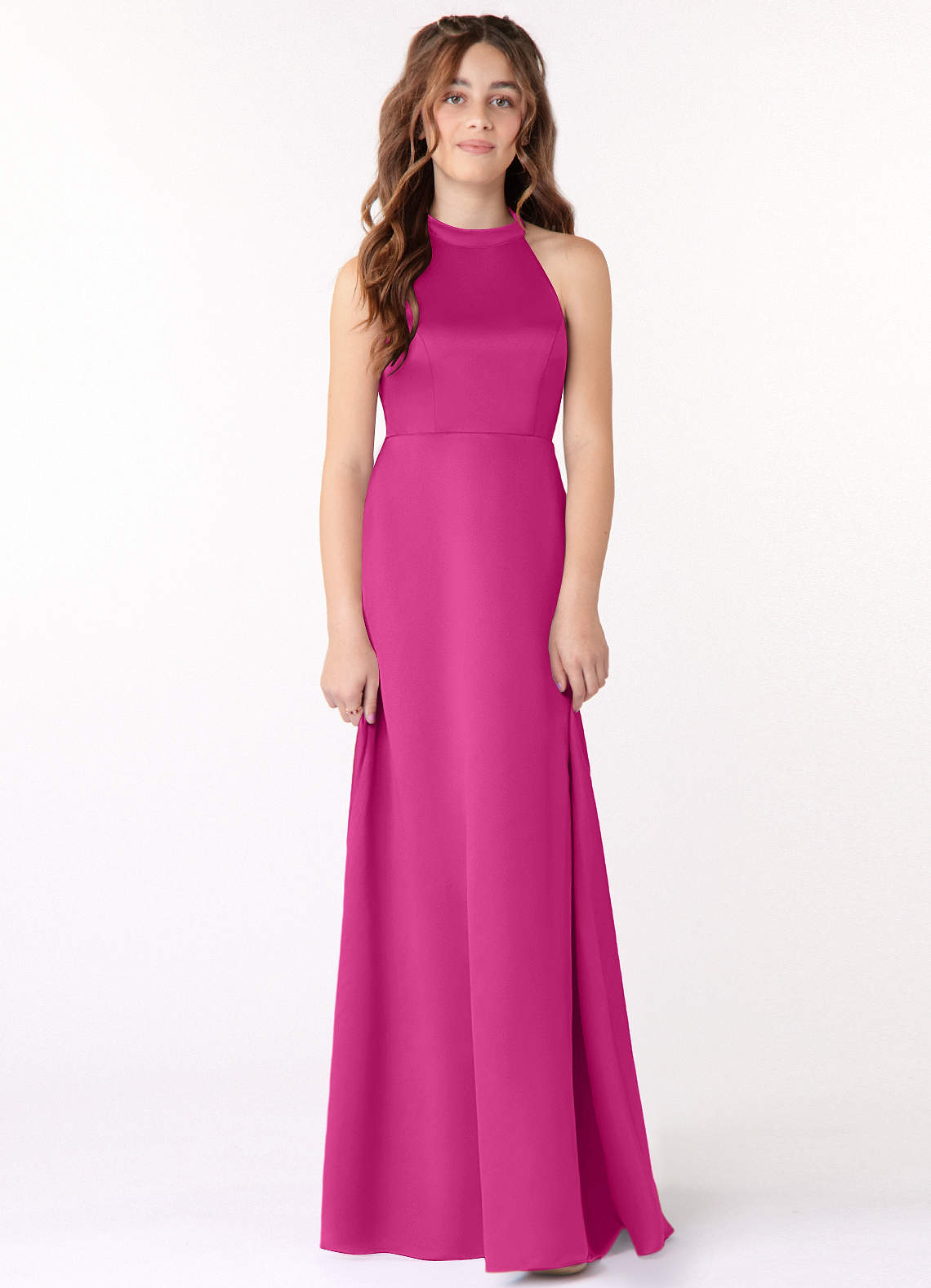 Azazie Laurel Junior Fuchsia A-Line Stretch Satin Dress image1