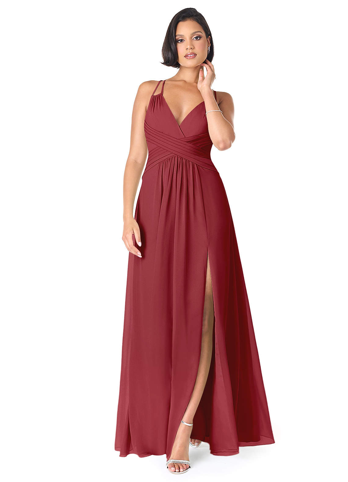Azazie Farren Bridesmaid Dresses Pomegranate A-Line Pleated Chiffon Convertible Dress image1