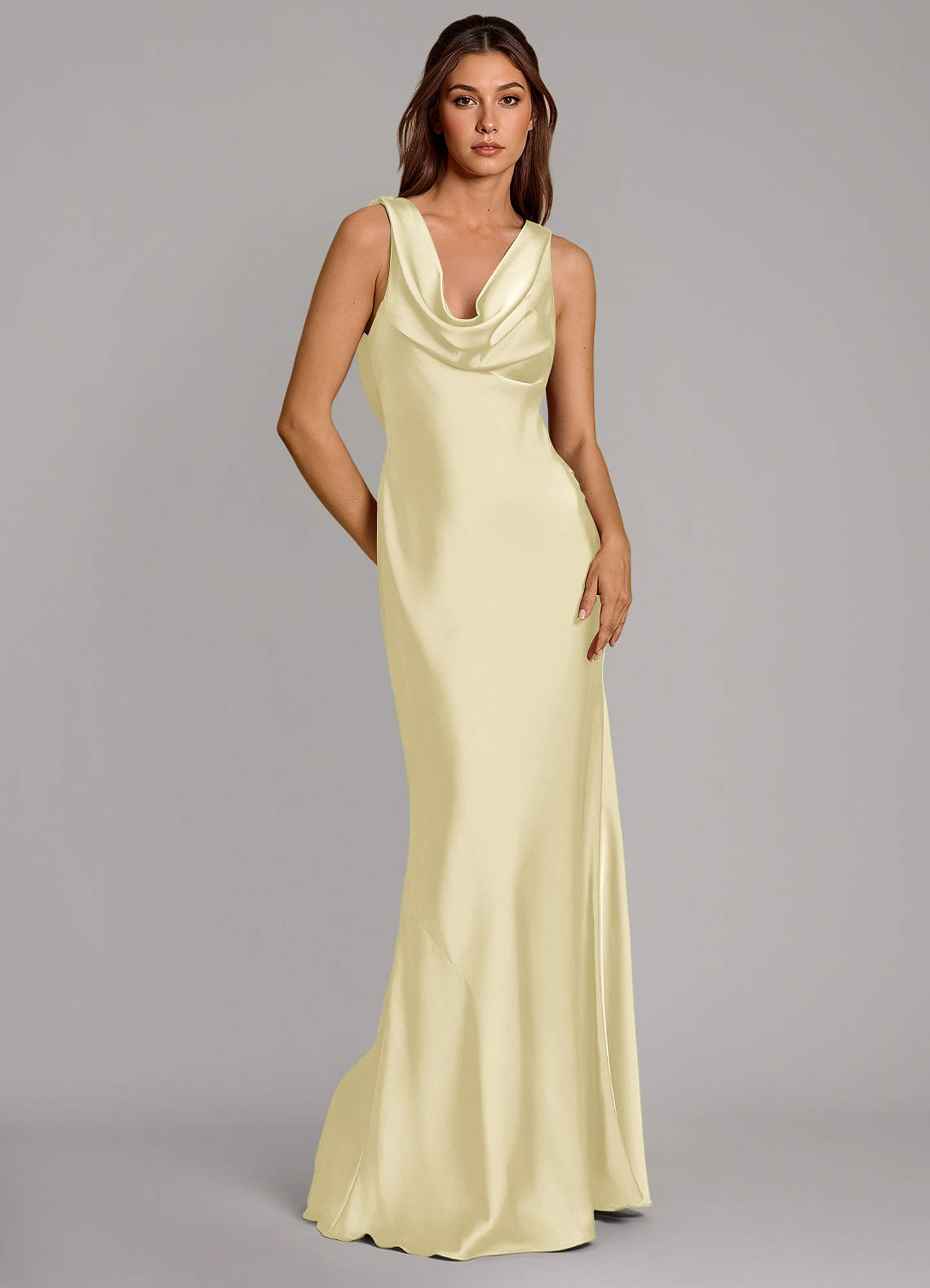 yellow gray bridesmaid dresses Azazie Cheryl Colour:Surf Circular Buckle How To Style Beige Matte satin this dress can take