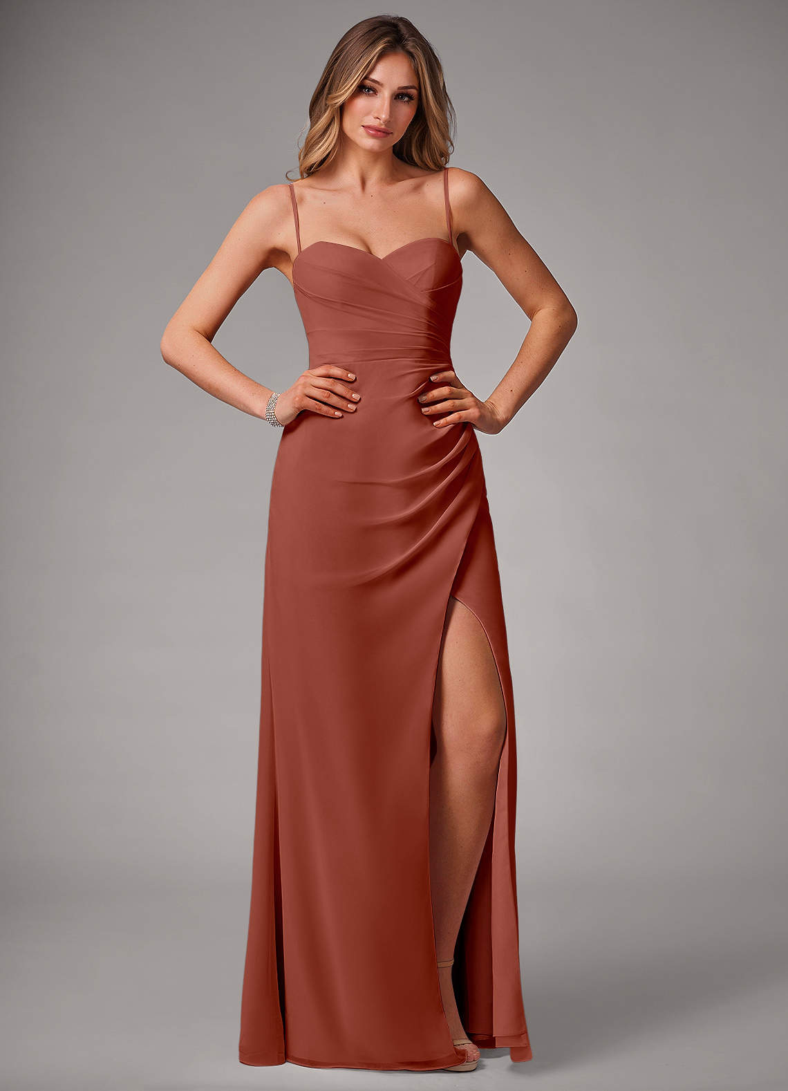 Azazie Haisley Bridesmaid Dresses Auburn Sheath Off the Shoulder Chiffon Convertible Dress image1