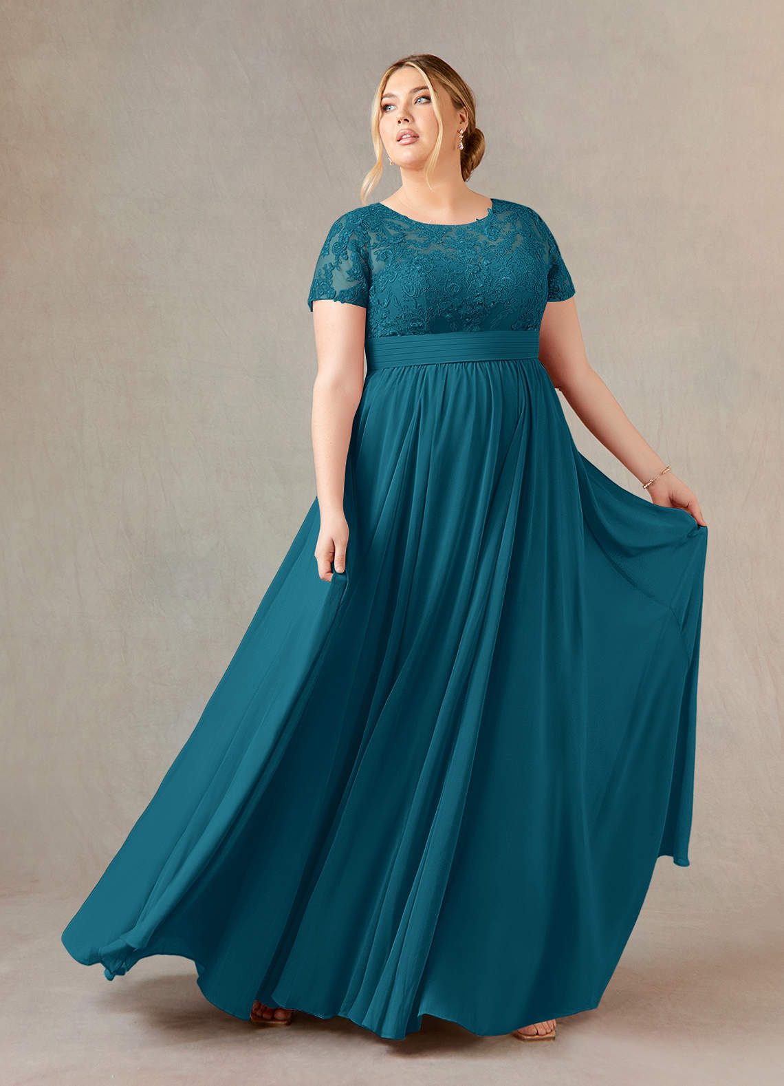 Azazie Annette vestidos de madre de la novia Vestido de Azul Tinta de Gasa de Corte en A con Encaje image1