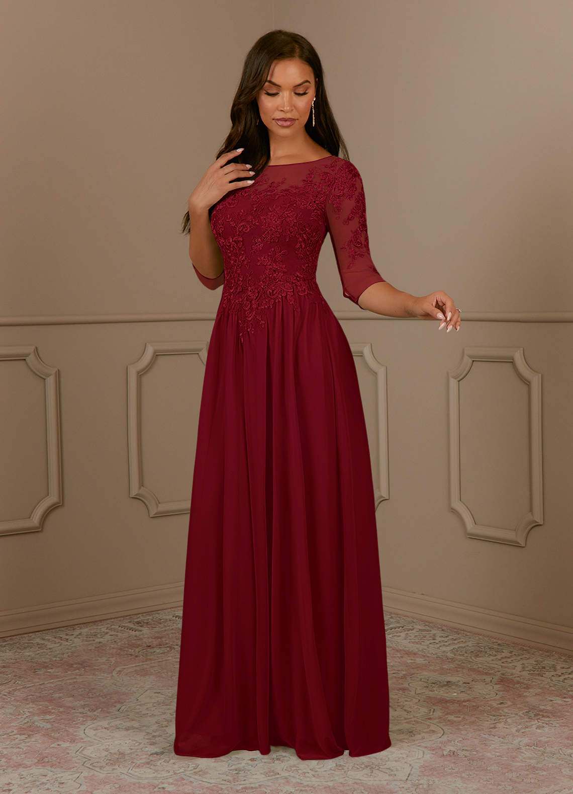 Azazie Harriet Burgundy A-line Scoop Lace Mesh Dress 