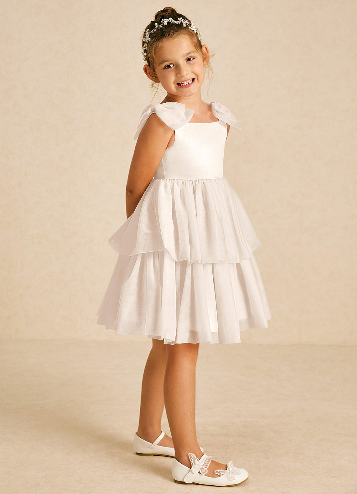 Azazie Vanellope vestidos de niña de las flores Vestido de Alabastro Blanco de Tul de Corte En A con Lazo image1